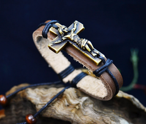 Wholesale Braided Leather Artificial bone Jesus Bracelet