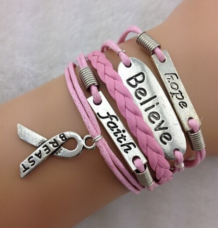 Multilayer Leather Rope Handmade Pink Breast Cancer Ribbon Bracelet