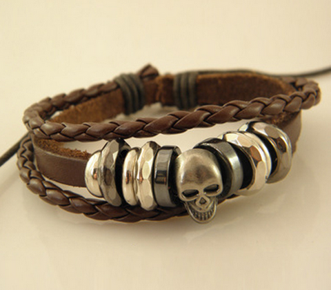 Vintage Braided Leather Bracelet Bangle Punk Rock Skull Wristband